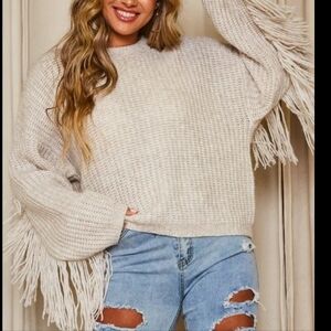 Wild Moss CreamFringe Sleeve Crewneck Sweater